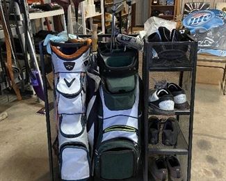 Golf clubs, bags, shoes, accessories and storage rack.  Lots of golf balls in great condition. 