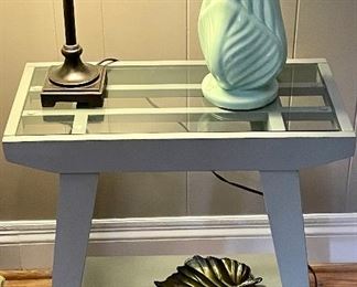 PAINTED TABLE W/GLASS TOP, CANDLESTICK LAMP, VINTAGE VASE, METAL LEAF DISH