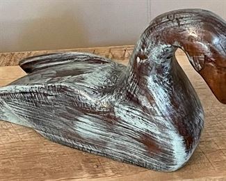 TEAL-WASHED WOODEN SWAN FIGURE