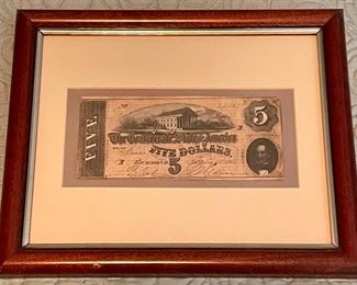 FRAMED CONFEDERATE STATES FIVE DOLLARS 