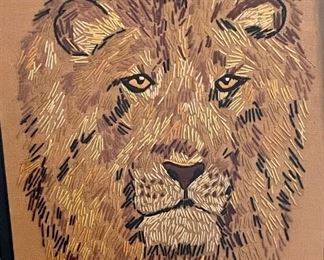 FRAMED LION NEEDLEWORK ART
