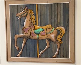 1970s  Theodore Dick deGroot Carousel Horse Lath Art Picture Wood Austin Productions de Groot	Frame: 34x37x1.5in	HxWxD
