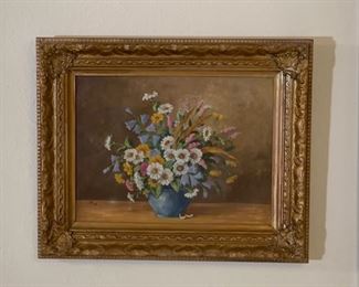 Original Art Vintage Floral Still Life Oil on Canvas Painting	Frame: 18 x 22 x 2	HxWxD
