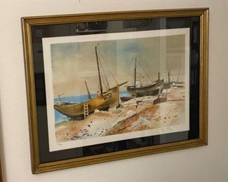 Signed Litho Hilda Chancellor Pope Boats on Beach	Frame: 19 x 25 x 1	HxWxD
