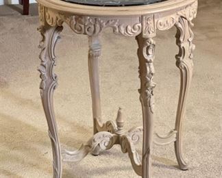Marble Top Ornate Carved Wood Round Table Plant Stand	28 high by 22 diameter	HxWxD
