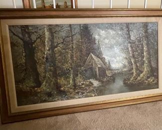 AS-IS Original Art Shack by the Stream Oil Painting	Frame: 33 x 57 x 1.5	HxWxD
