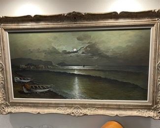 Original Art Antonio Torrielli Seascape By Moonlight Oil Painting	Frame: 34x54x3	HxWxD

