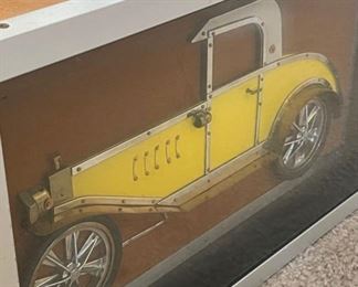 1970s Metal Copper & Brass Folk Art Yellow Coupe Framed	10.5x17in	HxWxD
