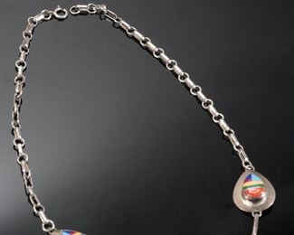 Sensa Eustace Zuni Multi Gemstone Inlay 5 Teardrop Sterling Silver Necklace Native American SE	17.5in long Centerpiece: 34mmx23mm