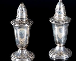 Crown Weighted Sterling Silver Salt & Pepper Shakers Glass Lined	4.5in H 	
