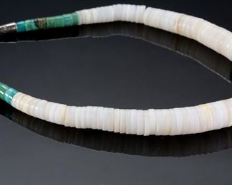 Ray and Mary Rosetta Santo Domingo Graduated Heishi Turquoise & Shell Necklace RMR  Native American 	15.5in Long   Largest Heishi: 12mm	