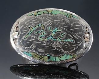 Southwest Turquoise & Mother of Pearl “Pete” Vintage Belt Buckle by DALE	4x3in	
