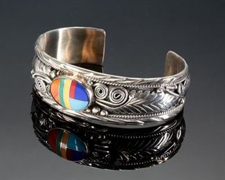 Vintage Zuni Multi Gemstone Inlay Sterling Silver Cuff Bracelet Native American 	Size: 6.35in<BR>Width: .75in	

