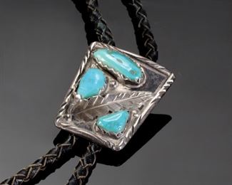 Vintage Zuni Angie C. Silver & Turquoise Bolo Tie Angelita Cheama Native American 	18in Long 38x33mm	
