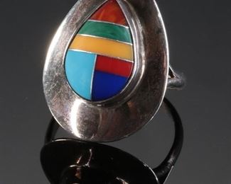 Vintage Zuni Multi Gemstone Inlay Teardrop Sterling Silver Ring SR Size: 6.75 Native American 	Size 6.75in Center-stone: 15x11mm	