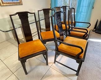 6pc Chin Hua Dining Chairs  Black by Raymond K. Sobota  Century Furniture Chinoiserie Vintage 1970s	Armchair: 40x22x22in	HxWxD
