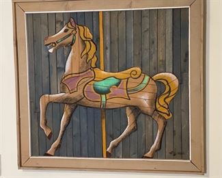 1970s  Theodore Dick deGroot Carousel Horse Lath Art Picture Wood Austin Productions de Groot	Frame: 34x37x1.5in	HxWxD
