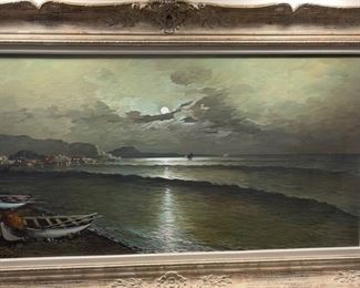 Original Art Antonio Torrielli Seascape By Moonlight Oil Painting	Frame: 34x54x3	HxWxD
