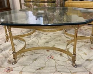 Vintage Labarge Style Hexagon Brass Coffee Table w Hoof Foot Hollywood Regency	13 x 43 x 40	HxWxD
