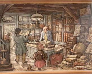 Original Art Lisa Cullyford The Bookstore  Vue d’Optique	Frame: 8.75x10.75x2in	HxWxD
