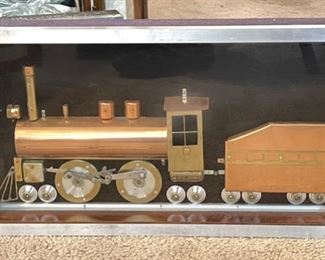 1970s Metal Copper & Brass Folk Art Steam Locomotive Train Framed	12x22x3in	HxWxD
