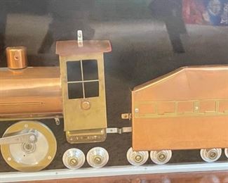 1970s Metal Copper & Brass Folk Art Steam Locomotive Train Framed	12x22x3in	HxWxD
