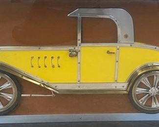 1970s Metal Copper & Brass Folk Art Yellow Coupe Framed	10.5x17in	HxWxD
