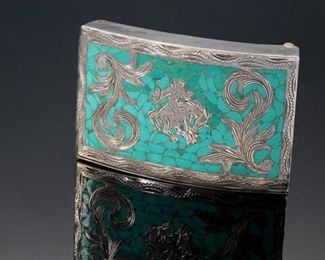 Vintage Mexico Sterling Silver & Turquoise Western Cowboy Belt Buckle 	1.75x2.75in Takes up to 1.5in belt	