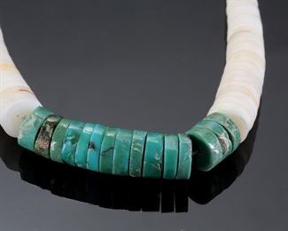 Ray and Mary Rosetta Santo Domingo Graduated Heishi Turquoise & Shell Necklace RMR  Native American 	15.5in Long  Largest Heishi: 12mm	

