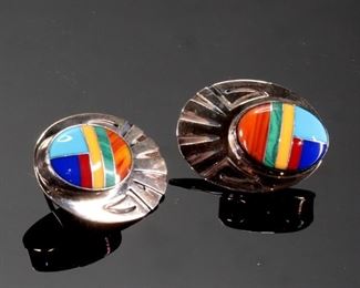 Vintage Zuni Multi Gemstone Inlay Teardrop Sterling Silver Earrings M  Native American 	29x22mm	
