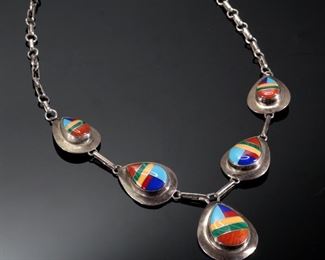 Sensa Eustace Zuni Multi Gemstone Inlay 5 Teardrop Sterling Silver Necklace Native American SE	17.5in long Centerpiece: 34mmx23mm	
