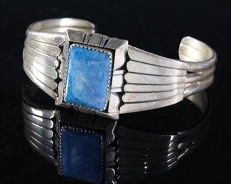 Vintage Navajo Carl Quintana Blue Lapis & Sterling Silver  Cuff Bracelet Native American 	Size 6.5in Centerstone: 19mmx14mm	
