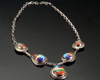 Sensa Eustace Zuni Multi Gemstone Inlay 5 Teardrop Sterling Silver Necklace Native American SE	17.5in long Centerpiece: 34mmx23mm	

