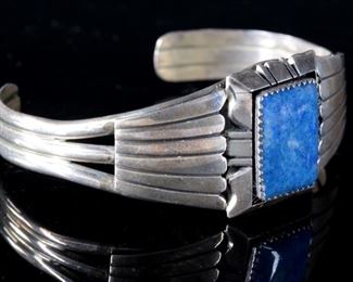 Vintage Navajo Carl Quintana Blue Lapis & Sterling Silver  Cuff Bracelet Native American 	Size 6.5in Centerstone: 19mmx14mm	
