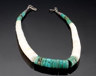 Ray and Mary Rosetta Santo Domingo Graduated Heishi Turquoise & Shell Necklace RMR  Native American 	15.5in Long  Largest Heishi: 12mm	
