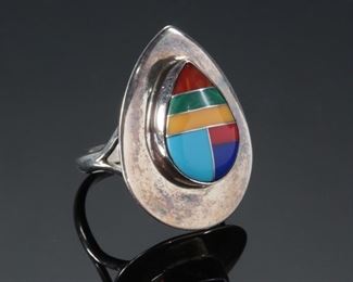 Vintage Zuni Multi Gemstone Inlay Teardrop Sterling Silver Ring SR Size: 6.75 Native American 	Size 6.75in Center-stone: 15x11mm	
