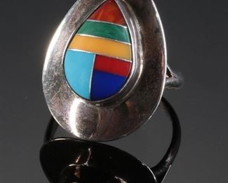 Vintage Zuni Multi Gemstone Inlay Teardrop Sterling Silver Ring SR Size: 6.75 Native American 	Size 6.75in Center-stone: 15x11mm	
