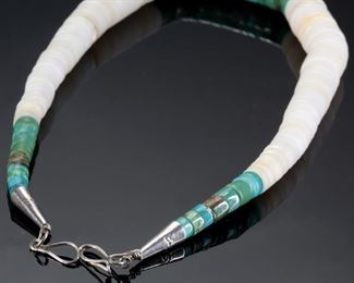 Ray and Mary Rosetta Santo Domingo Graduated Heishi Turquoise & Shell Necklace RMR  Native American 	15.5in Long  Largest Heishi: 12mm	
