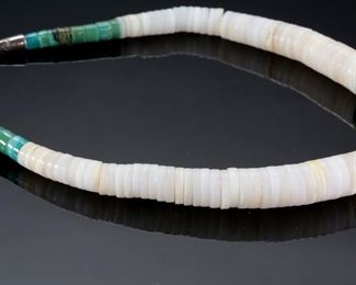 Ray and Mary Rosetta Santo Domingo Graduated Heishi Turquoise & Shell Necklace RMR  Native American 	15.5in Long  Largest Heishi: 12mm	
