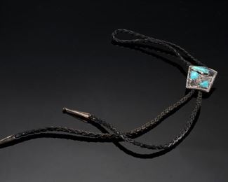 Vintage Zuni Angie C. Silver & Turquoise Bolo Tie Angelita Cheama Native American 	18in Long 38x33mm	
