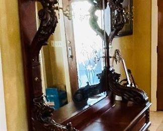 11___$1,150
Highly carved German style hall bench/mirror/hat rack
• 104 high 72 wide 24 deep
