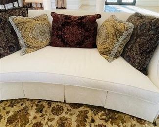 1____$950 EACH 
Century textile sofa ivory with brocades pillows
• 36high 93wide 45deep 