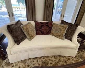2____$950 EACH 
Century textile sofa ivory with brocades pillows
• 36high 93wide 45deep 