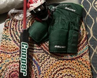 Hockey gear--goalie stick, skates, helmet and large Bauer pants