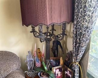 Antique bronze lamp and glass table 
