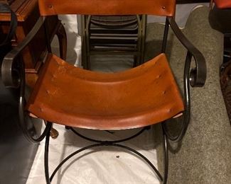 One of a pair of Charleston Forge Spanish Style Director Chairs Leather & Wrought Iron