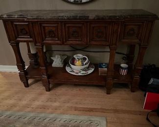 Solid Wood Stanley Young Marble Top Side Board with Iron Accents & Velvet Lined Drawers