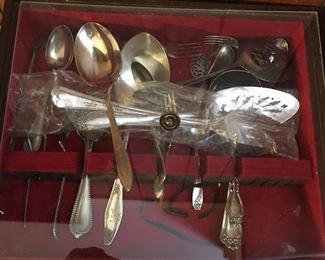 Silver plate spoons and service pieces, some monogramed