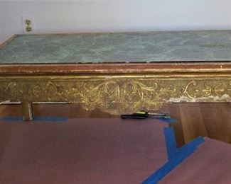 Fr. Reococo Style Coffee table - molded gesso acanthus Leaf decor - green  marble inset - 47" X 23"