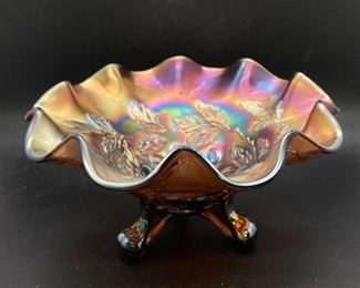 Antique Dugan Marigold Amber Carnival Glass Ruffled Cherries Bowl